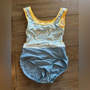 Suffolk Dance Leotard. Adult XS. Seaside collection. Blue and yellow floral.
